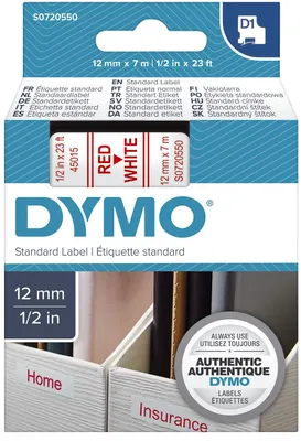 Productafbeelding van Dymo® S0720550 Schriftband D1, kunststof - gelamineerd, 7 meter x 12 mm, rood/wit