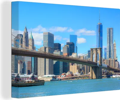 Obrázok produktu pre OneMillionCanvasses® - Obrazy na plátne - 140x90 cm, Brooklynský most v Amerike pod modrou oblohou, Nástenná umelecká tlač Nástenná dekorácia - Fotografia na plátne - Maľba na drevenom ráme