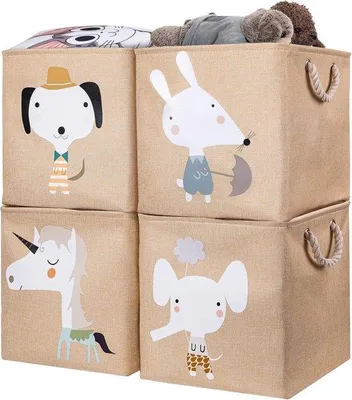 Image de Boîtes de rangement pliables pour enfants, lot de 4, 28 x 28 x 28 cm, beige, pour la chambre d'enfant, les jouets et les livres.