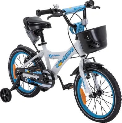 Produktbild von Actionbikes Kinderfahrrad Donaldo 16 Zoll | Kinder Fahrrad - V-Brake Bremsen - Kettenschutz - Fahrradständer - Fahrradkorb - 4-7 Jahre (Blau/Weiß)