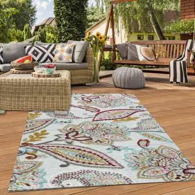 Produktbild von Robuster In- & Outdoor Teppich modern pflegeleicht & flachgewebt mit orientalischem Muster in Bunt Größe - 240 x 340 cm