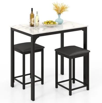 Immagine prodotto di Set tavolo da pranzo KOMFOTTEU con sedie, set tavolo da bar con 2 sgabelli, gruppo tavolo da pranzo con cuscini e poggiapiedi, set tavolo e sedie in legno e metallo, tavolo da cucina/tavolino per soggiorno/sala da pranzo (bianco)