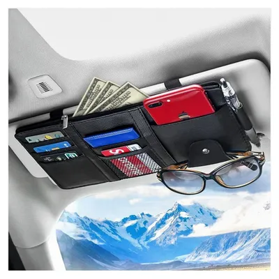 Produktbild von Auto-Sonnenblende-Organizer, Reißverschlusstasche aus Leder für Karten, Führerschein, Stifte, Brillen, Dokumente, Autozubehör (Schwarz)