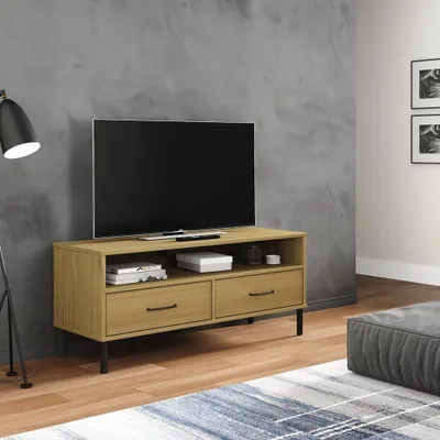 Zdjęcie produktu dla The Living Store Szafka pod telewizor OSLO z metalowymi nogami Brązowe lite drewno sosnowe