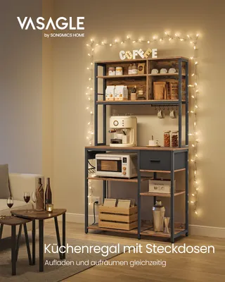 Produktbild von VASAGLE Küchenregal mit Steckdosen, Standregal, Mikrowellen-Regal, verstellbare Ablagen, Stoffschublade, 12 Haken, 40 x 100 x 180,4 cm, für Mikrowelle
