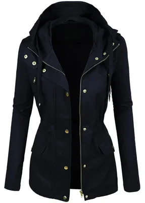 Productafbeelding van Damesparka, lichte zomerjas - outdoorjas - met capuchon - 100% katoen - doorlopende rits - marineblauw - damesjas