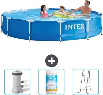Obrázek produktu pro Bazén Intex s kulatým rámem - 366 x 76 cm - Modrý - Součástí dodávky je filtrační čerpadlo pro bazén - Chlór - Žebřík