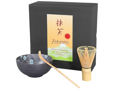 Produktbild von Matcha Set / Matchaset / Matcha Schale 250ml anthrazit/blau, mit Besen/Löffel in Geschenkbox