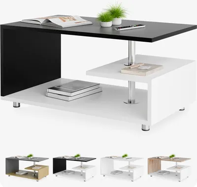 A modern black and white coffee table with multiple shelves and silver legs, presented on a white background. Several smaller images of the same table in different color variations are shown below.