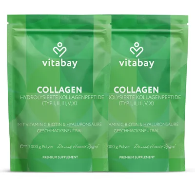 Produktbild von Vitabay Kollagen Pulver Komplex 2x1 kg Hochdosiert – 2er-Pack – Bioaktive Collagen Hydrolysat Peptide Typ 1, 2, 3, 5, 10