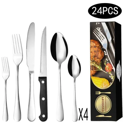 Produktbild von 24-teiliges Set mit Steakmessern, Besteckset für 4 Personen, Besteckset aus lebensmittelechtem Edelstahl, hochglanzpolierte Utensiliensets für das Restaurant zu Hause