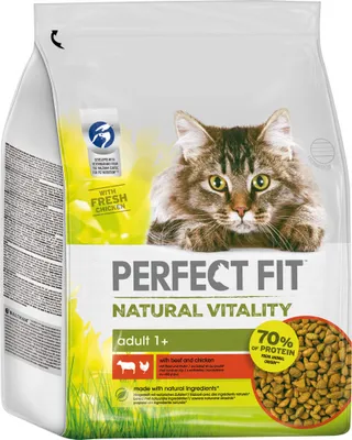 Produktbild von Perfect Fit Adult (1+) Natural Vitality – komplettes Trockenfutter für ausgewachsene Katzen mit Rind und Huhn 2,4 kg
