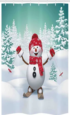 Immagine prodotto di ABAKUHAUS Natale Tenda da doccia stretta, sciatori-pupazzi di neve-alberi, set decorativo per bagno in tessuto con ganci, 120 x 180 cm, verde acqua rosso bianco