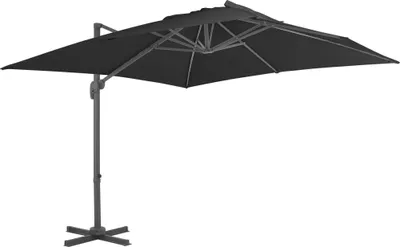 A black cantilever umbrella on a gray stand against a white background.