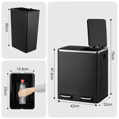 Immagine prodotto di Cestino in acciaio inox, doppio scomparto, coperchio con chiusura morbida, 8/12 litri, nero -2x15L(8Gal)
