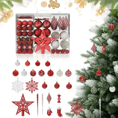 Produktbild von LZQ 138er Weihnachtskugeln Set Weinrot & Weiß, Kunststoff Christbaumschmuck mit Baumspitze, Bruchsicher & Wiederverwendbar, Verschiedene Formen