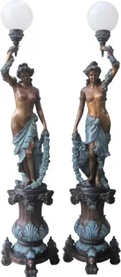 Produktbild von Casa Padrino Luxus Jugendstil Stehleuchten Set Damen Bronze / Mehrfarbig / Weiß 60 x 60 x H. 234 cm - Prunkvolle Bronze Skulpturen mit Lampe - Barock & Jugendstil Bronze Stehleuhten
