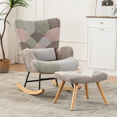 Produktbild von Schaukelstuhl mit Fußstütze und Lendenkissen Relaxsessel Schaukelsessel Mehrfarbiges Design Gestell aus Gummibaumholz
