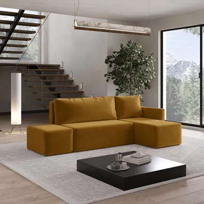 Produktbild von Masseno Ecksofa VELOTTI R-S mit Schlaffunktion L-Form, Sofa mit Bettkasten, Wohnzimmersofa, Couch, Soffa, Bettsofa, Couchgarnitur- Gelb, KRONOS 01