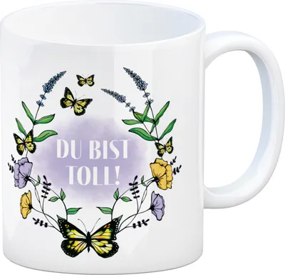 Produktbild von Kaffeebecher mit motivierenden Worten und Blumenrahmen mit Schmetterlingen
