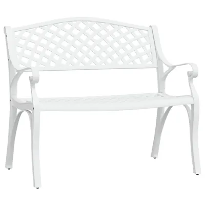 A white metal garden bench is shown against a white background.