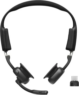 A black Bluetooth bone conduction headset with a USB-C dongle, shown from a top-down diagonal angle against a white background.
