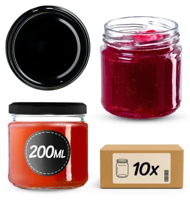 Obrázok produktu pre Sklenené nádoby – 200 ml – balenie po 10 kusov – priemer viečka 66 mm – čierne viečka – vhodné na potraviny