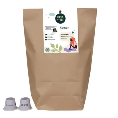Produktbild von CUP VERDE – 80 koffeinfreie SENZA Kaffeekapseln - kompatibel mit Nespresso* - nachhaltig - voller Geschmack ohne Koffein - Kapseln für den Hauskompost