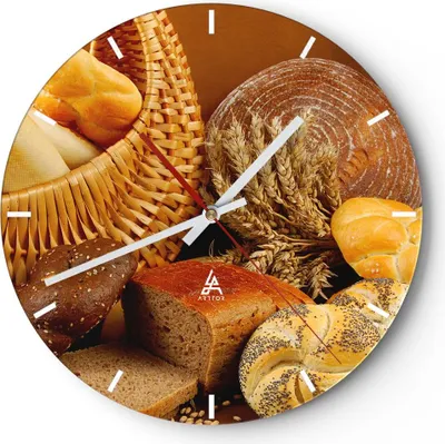 Produktbild von Wanduhr - Rund - Glasuhr - Bäckerei Brot Essen - 30x30cm - Schleichendes Uhrwerk - Lautlos - zum Aufhängen bereit - Dekoration Modern - Wanddekoration aus Glas - C3AR30x30-2309