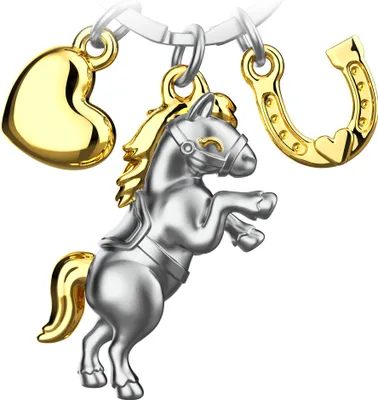 Produktbild von "Pony" Pferd Schlüsselanhänger mit Herz und Hufeisen in Gold - Glücksbringer Geschenk für Pferdeliebhaber
