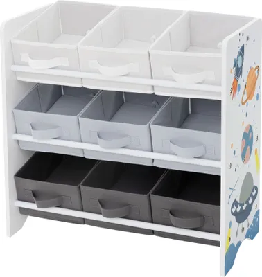 Zdjęcie produktu dla Półka dziecięca Joyz, space, 62,5x29,5x60 cm, biała, półka na zabawki z 9 schowkami z włókniny, regał dziecięcy z 3 półkami
