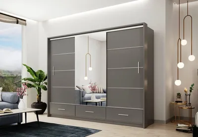 Produktbild von Marsylia Schiebeschrank 255 cm mit Spiegel, Kleiderschrank Schlafzimmer, Wohnzimmer- 255 x 225 x 61 Farbe: Graphite, Schwebetürenschrank mit 2 Kleiderstangen und 3 Schubladen