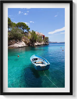 Produktbild von Boot auf türkisfarbenem Meer– Wandbild mit Rahmen – Gerahmtes Bild  – Wanddekoration – 60x80 cm –  Schwarz Rahmen