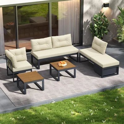 Produktbild von Multifunktionales Möbelset mit 3-fach verstellbarer Rückenlehne und Liegefunktion, Komfortkissen, Stauraum und wetterfestem Polyesterbezug. Beige.