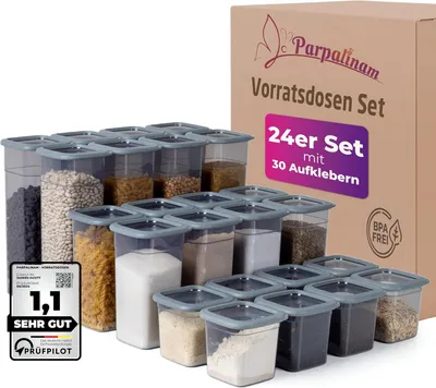 Image de Parpalinam Lot de 24 boîtes de conservation avec étiquettes Récipients hermétiques en plastique avec couvercles Empilables Anthracite