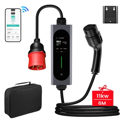 Produktbild von Typ 2 EV Mobile Wallbox Tragbares Ladegerät für Elektroautos 11 kW Type 2 6m Ladekabel 6-16A mit CEE-Stecker & App-Steuerung & LCD-Bildschirm