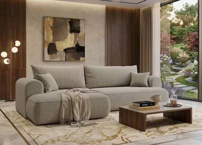 Produktbild von Sofa Vitton B&B HOME Big-Sofa Vitton mit Schlaffunktion, L-Form, Cord, Beige, Skandinavisch, Bettkasten, Wohnzimmer (Mit Armlehne Links)