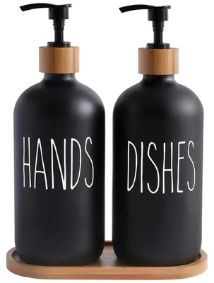 Image de Ensemble de distributeurs de savon en verre, capacité de 475 ml, finition noire mate, avec plateau, pour salle de bain et cuisine