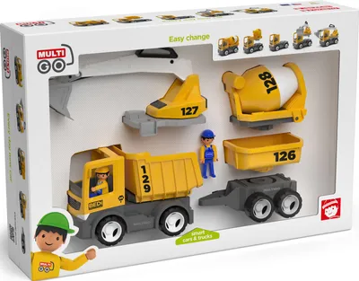 Produktbild von Multigo Baustellen LKW-Set 4in1 m. Anhänger Figur Betonmischer Kipper Bagger +3J
