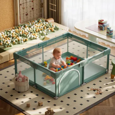 Produktbild von Koonmi Großes Laufstall Baby 150x180 cm Faltbarer Laufgitter mit atmungsaktivem Netz, Stoff und Saugnäpfen – für Babys und Kleinkinder, Hellgrün
