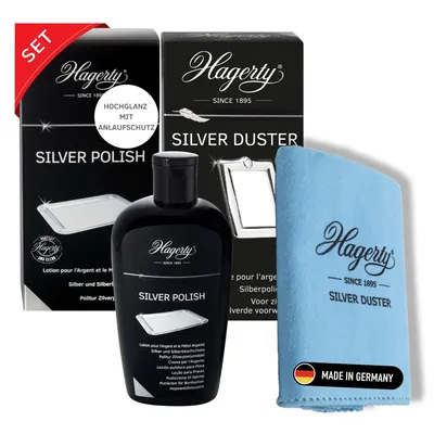 Produktbild von Hagerty Set Silver Polish + Silver Duster Silberputztuch mit Anlaufschutz für Silber und versilbertes Metall Vasen Rahmen I Silber-Politur und Tuch