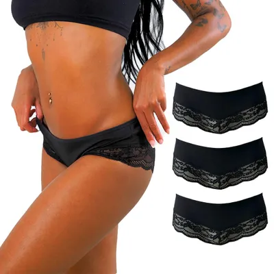 Produktbild von Benonetti Damen Hipster Slips 3er-Set – elegante Unterwäsche mit Spitze, atmungsaktiv & bequem aus Baumwolle (3er Set, Schwarz S)