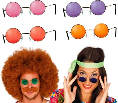 Produktbild von Hippie Brillen 60s Rund Bunte Karneval Kostüm Accessoire Party Style Flower Power Zeitreise, Farbe: Blau