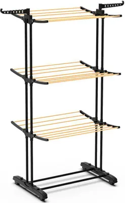 Produktbild von VOUNOT® Mobiler Turmwäscheständer für Innen, Wäscheturm Klappbar Wäscheständer Turm aus Metall, mit 4 Rollen & 6 Flügel, 3 Ebenen, Holzoptik
