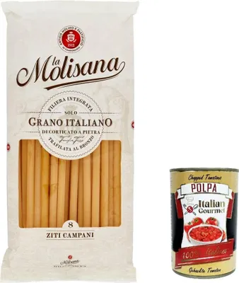 Produktbild von 6x La Molisana Ziti Campani N. 8 Pasta Lenta Lavorazione Teigwaren aus Hartweizengrieß Bronze-Zeichnung 500g + Italian Gourmet Polpa 400g
