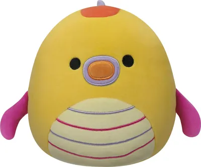 A yellow plush toy with pink arms and colorful stripes on its belly.