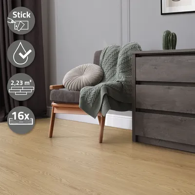 Produktbild von ML-Design Selbstklebende PVC Bodenbelag, 2,23 m²/16 Vinyl-Dielen, Eiche Natur