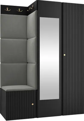 Produktbild von MIRJAN24 Garderoben-Set Orion Ryfel Slim XXIV, Kleiderschrank, Schuhschrank, Kleiderhakenbrett, 7x Paneel 42x42, Spiegel, 8 Kleiderhaken, Metallgriffe (Farbe: Schwarz, Manila 16)