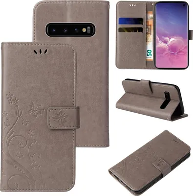 Produktbild von Handyhülle für Samsung Galaxy S10 Floral Blumen Schmetterling Flip Cover Hülle Case Klapphülle Handytasche Farbe: Grau