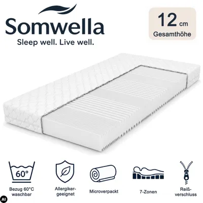 Produktbild von Somwella 7-Zonen-Matratze 12 cm, 90x200 cm, Härtegrad H3, Bezug bis 60 °C waschbar